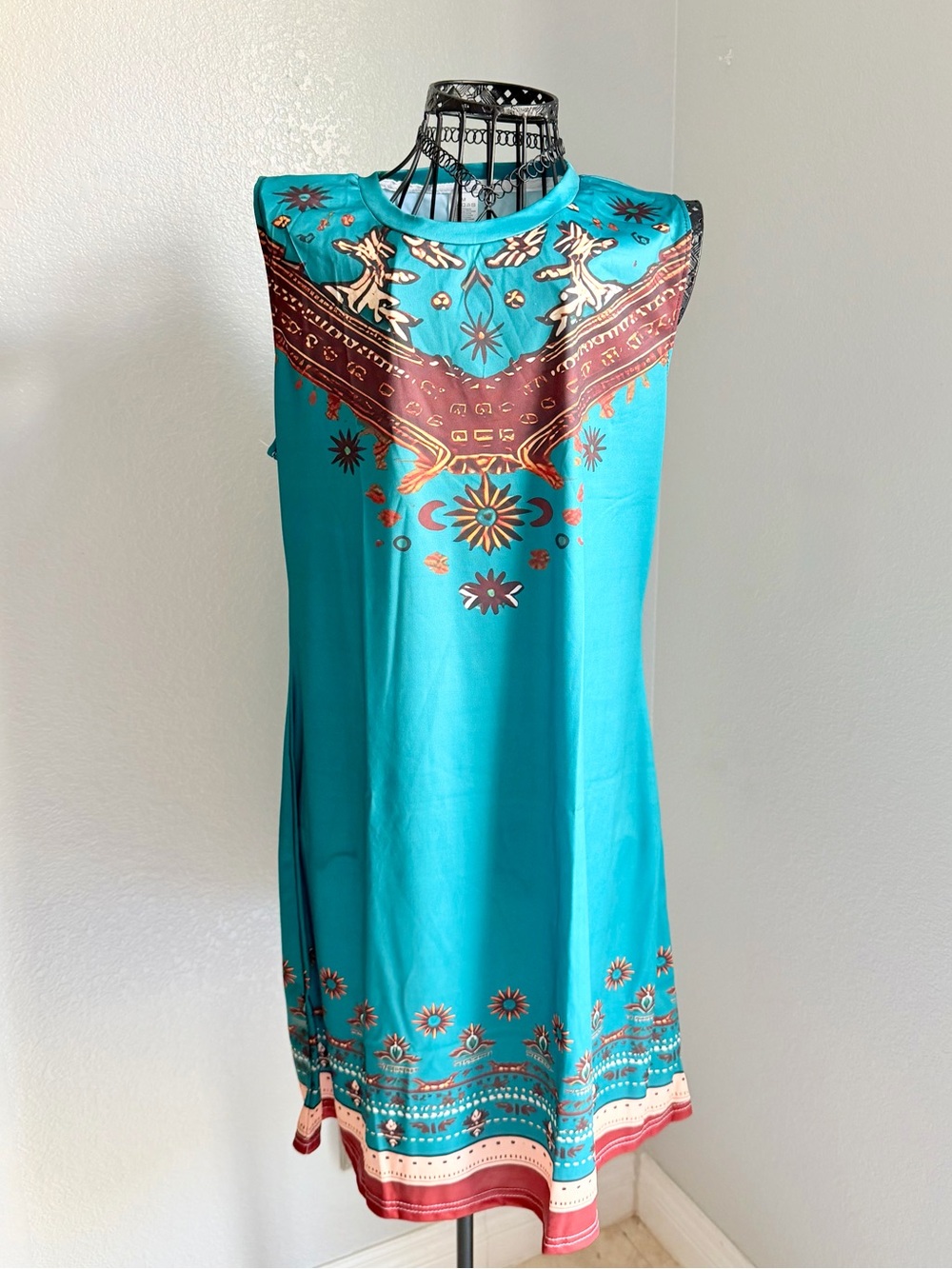 SHEIN : Turquoise Sleeveless Boho Print Slip Dress